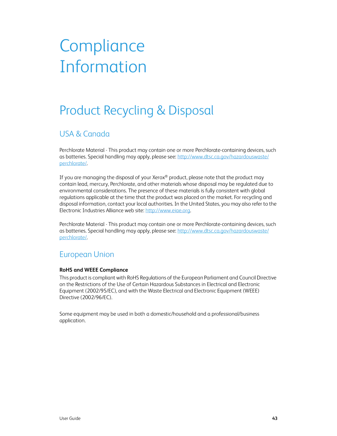 Xerox xerox Compliance Information, Product Recycling & Disposal, USA & Canada European Union, RoHS and Weee Compliance 