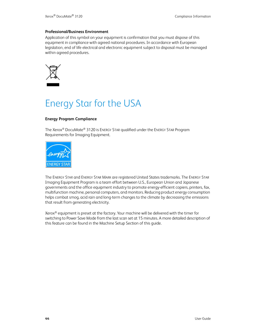 Xerox xerox manual Energy Star for the USA, Professional/Business Environment, Energy Program Compliance 