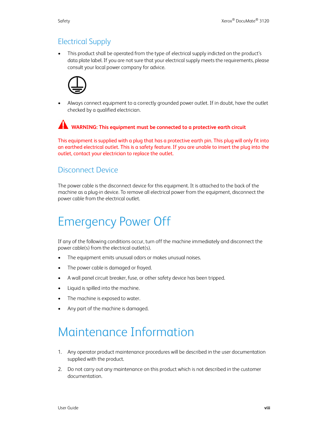 Xerox xerox manual Emergency Power Off, Maintenance Information, Electrical Supply, Disconnect Device 