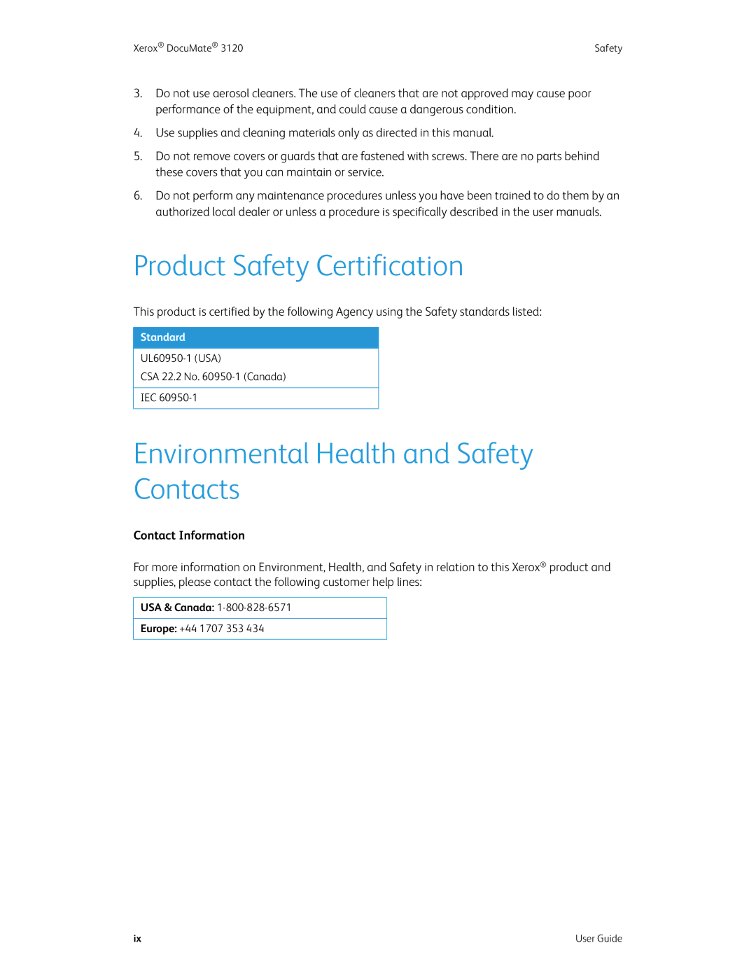 Xerox xerox manual Product Safety Certification, Environmental Health and Safety Contacts, Contact Information 