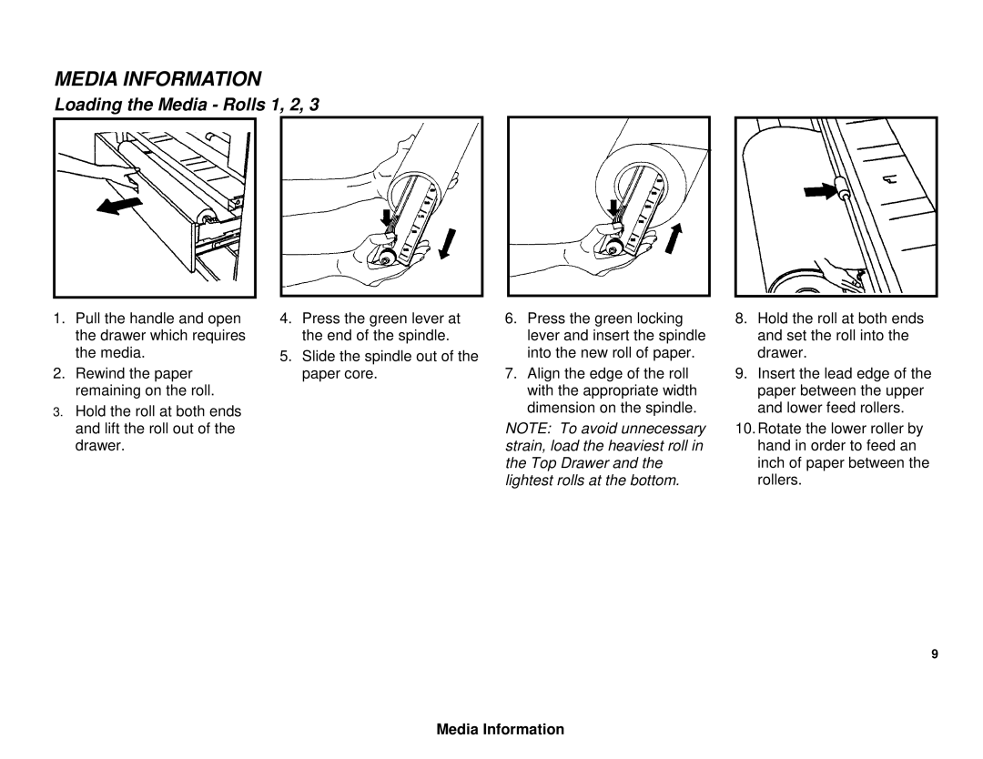 Xerox XES 8855 manual Media Information, Loading the Media Rolls 1, 2 