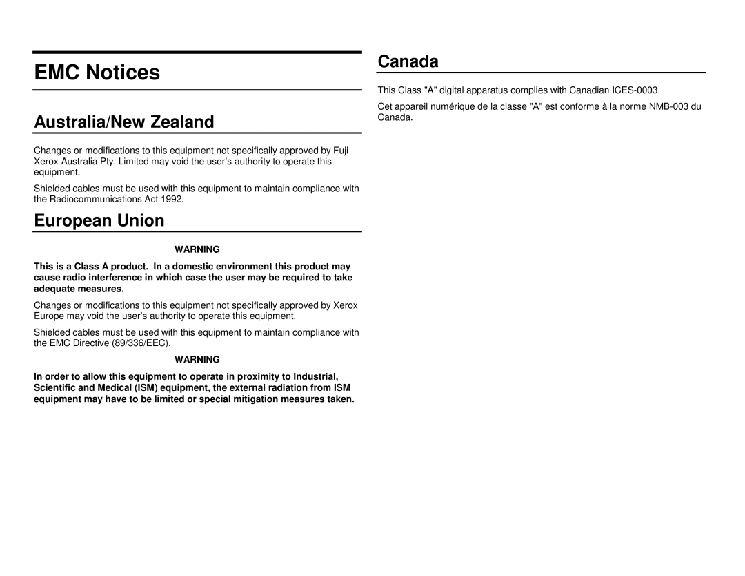 Xerox XES 8855 manual EMC Notices 