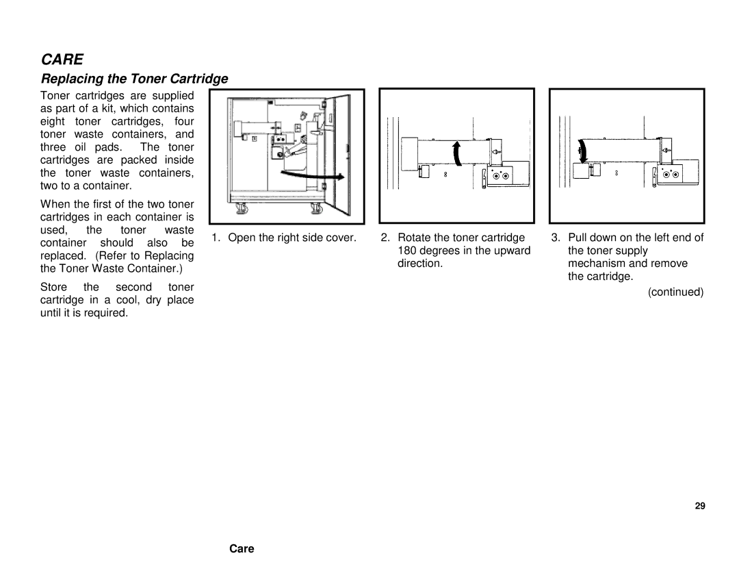 Xerox XES 8855 manual Care, Replacing the Toner Cartridge 