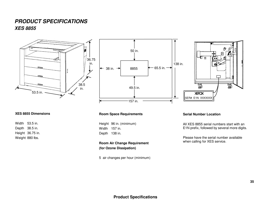 Xerox XES 8855 manual Product Specifications, Xes 