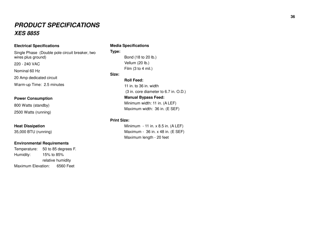 Xerox XES 8855 manual Power Consumption 