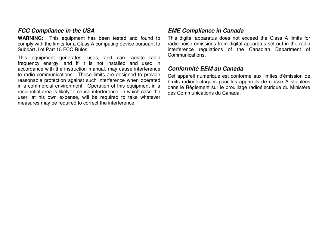 Xerox XES 8855 manual FCC Compliance in the USA EME Compliance in Canada, Conformité EEM au Canada 