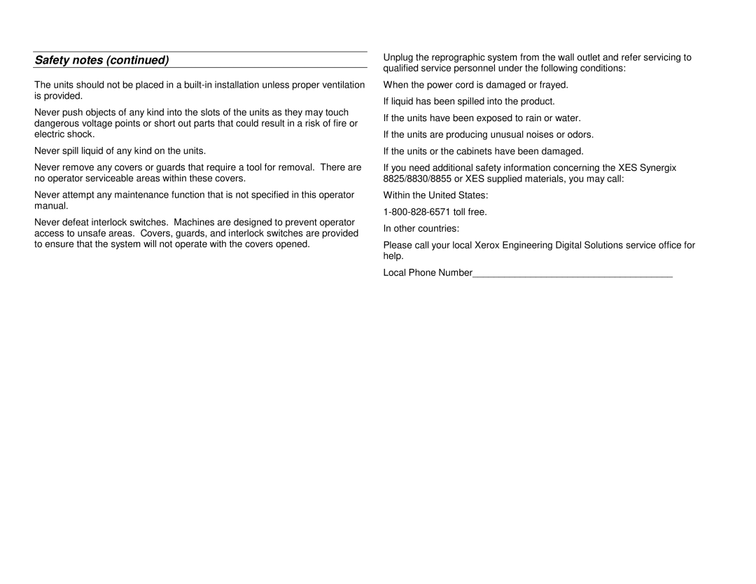 Xerox XES 8855 manual Safety notes 