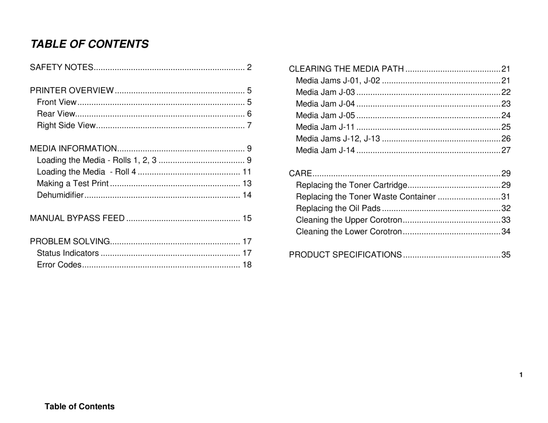 Xerox XES 8855 manual Table of Contents 