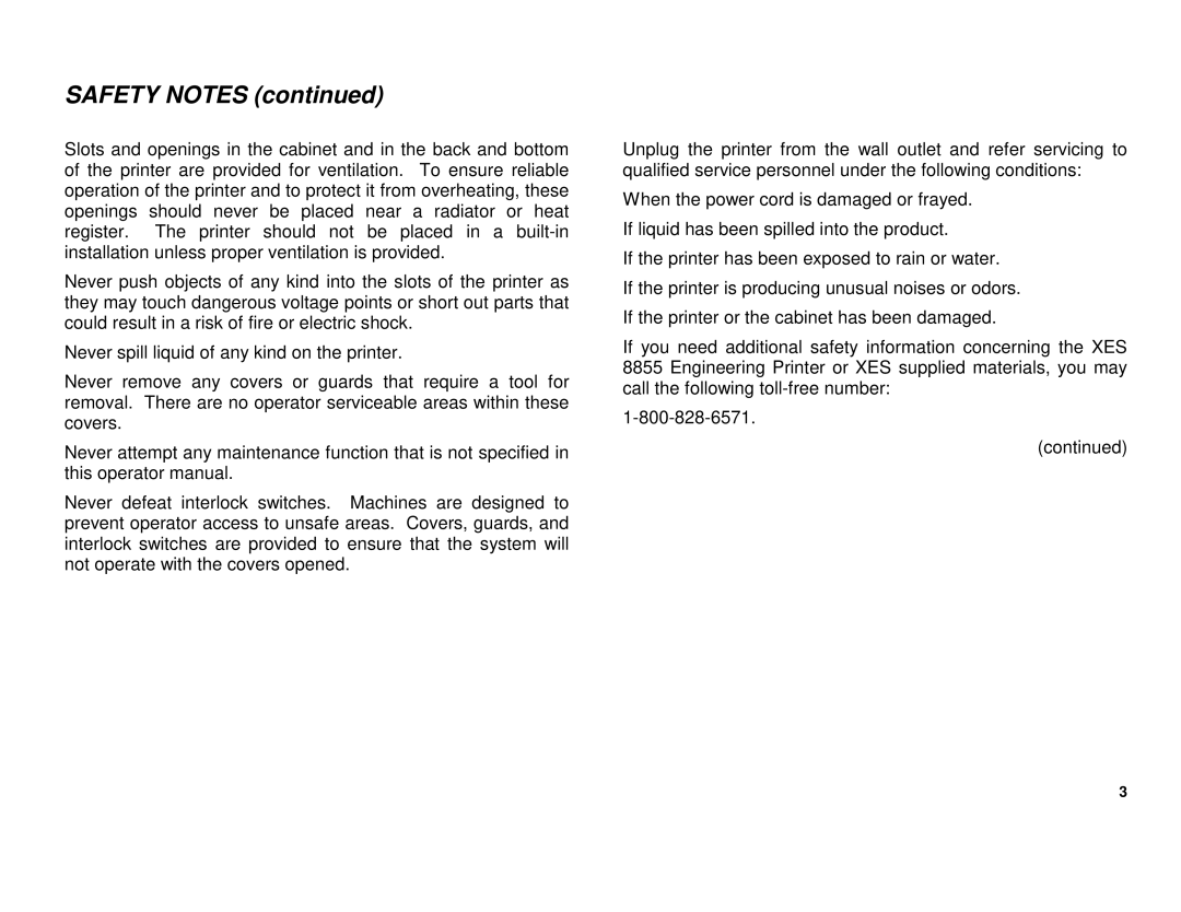 Xerox XES 8855 manual Safety Notes 