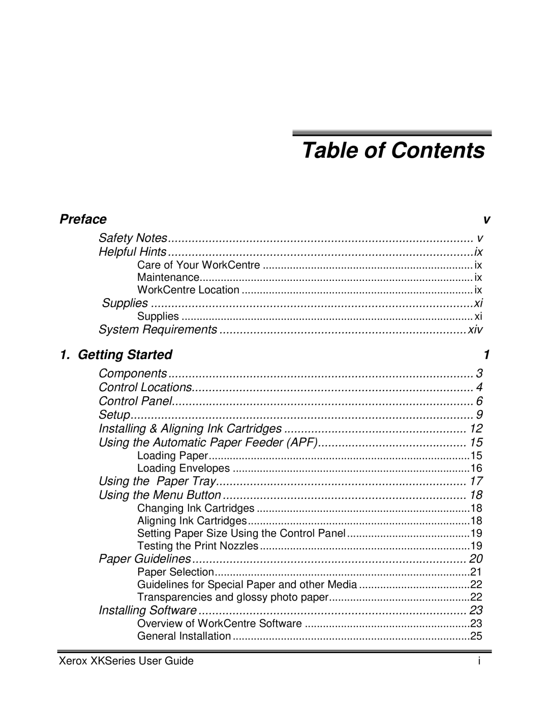 Xerox XK25C, XK35C manual Table of Contents, Preface, Getting Started 