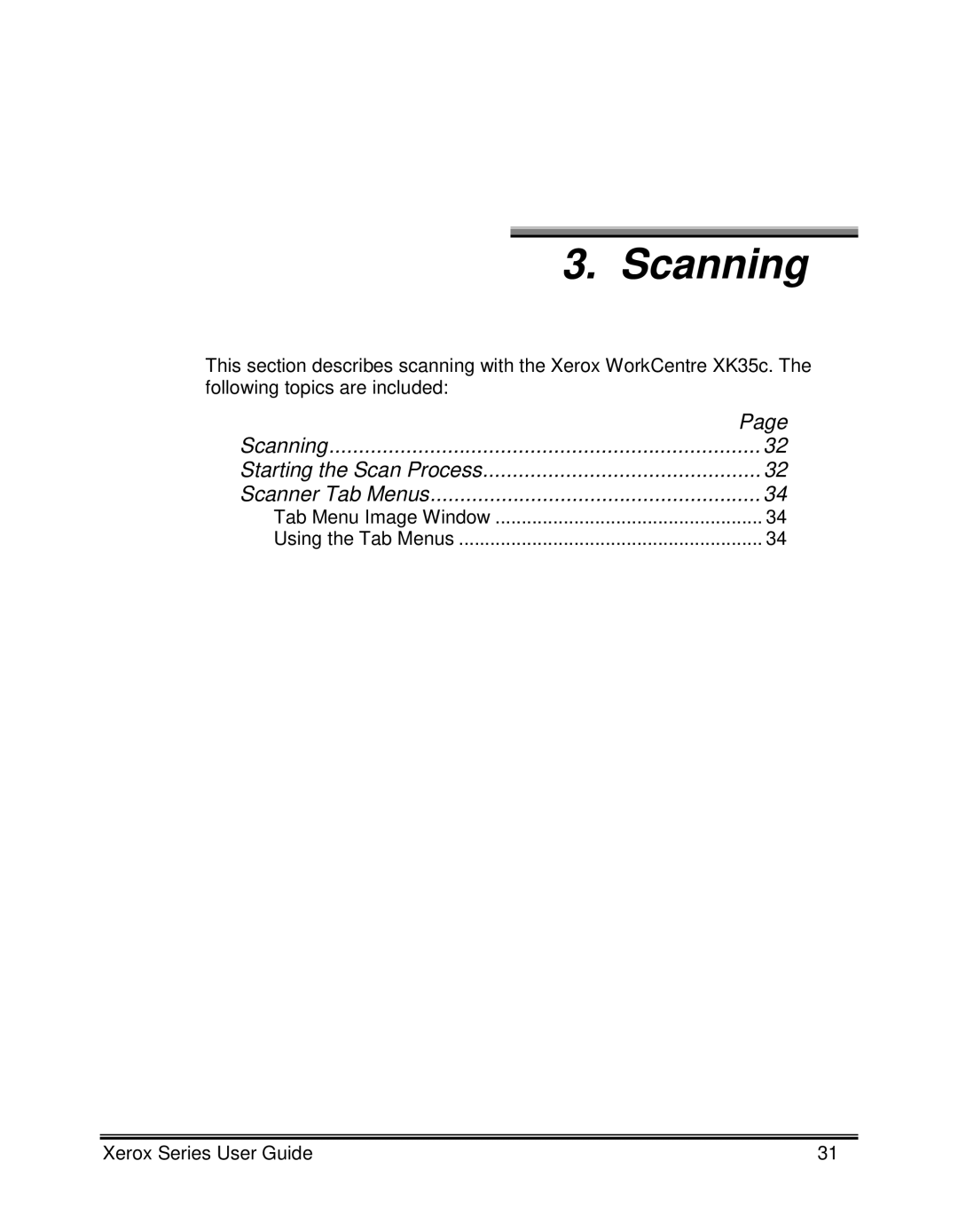 Xerox XK35C, XK25C manual Scanning, Page, Starting the Scan Process, Scanner Tab Menus 