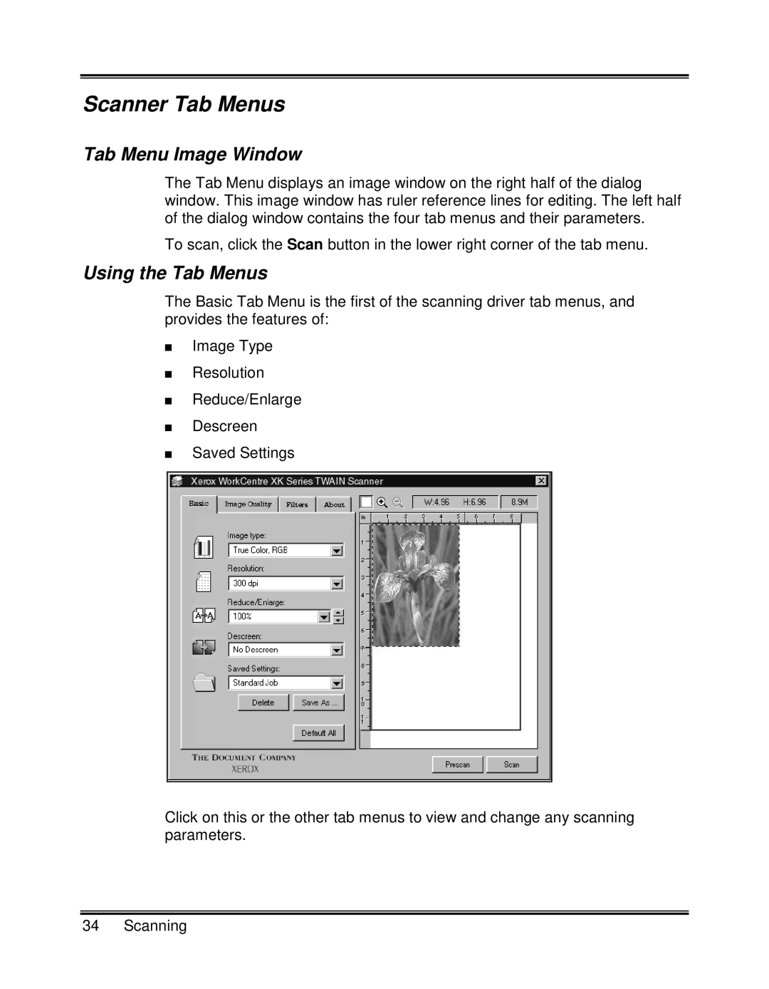 Xerox XK25C, XK35C manual Scanner Tab Menus, Tab Menu Image Window, Using the Tab Menus 