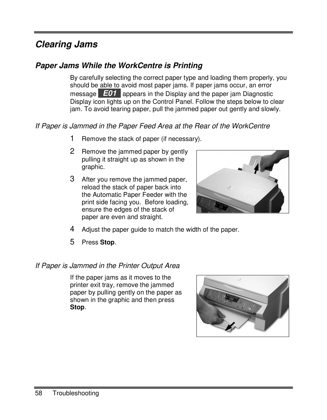 Xerox XK25C, XK35C manual Clearing Jams, Paper Jams While the WorkCentre is Printing 