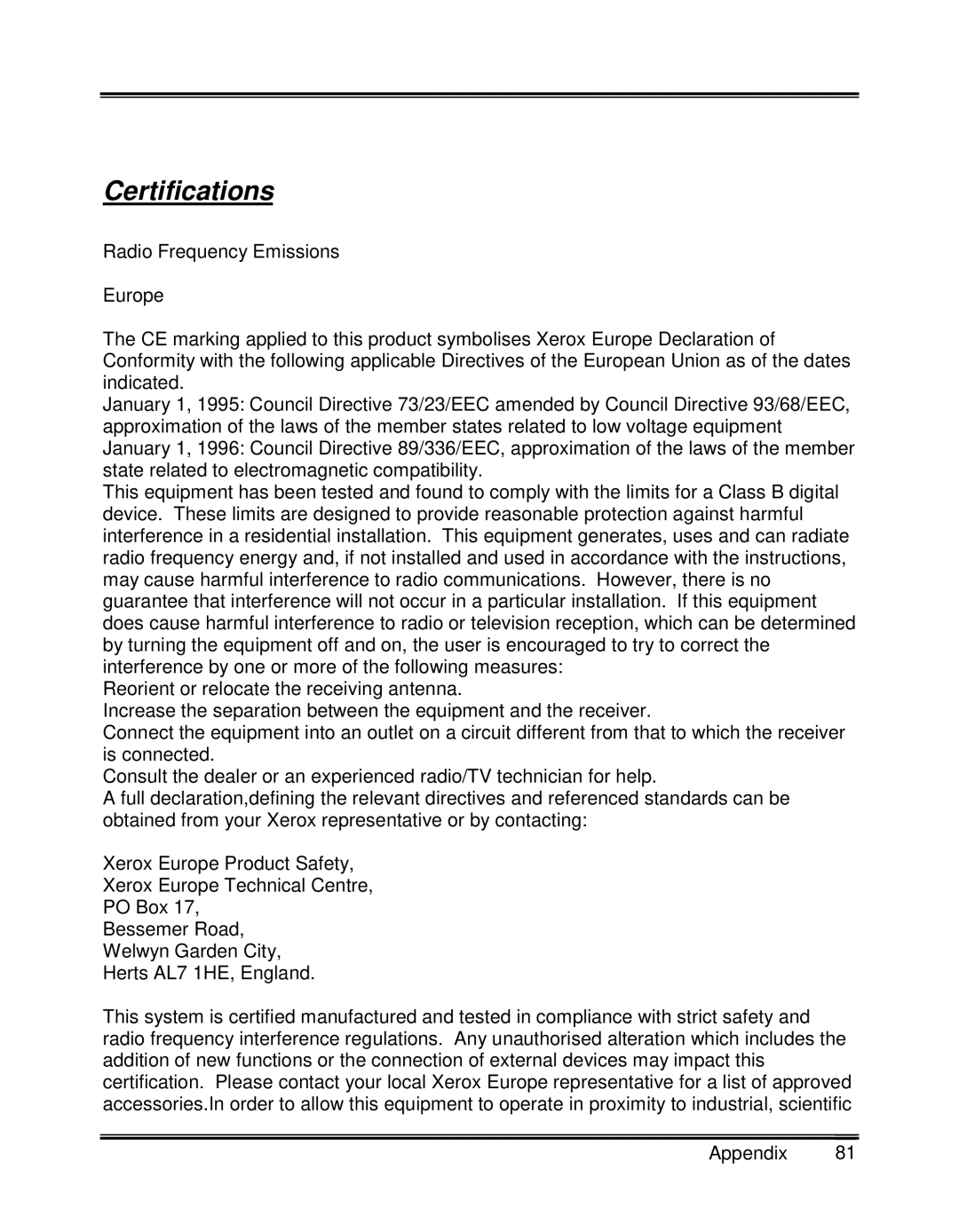 Xerox XK35C, XK25C manual Certifications 
