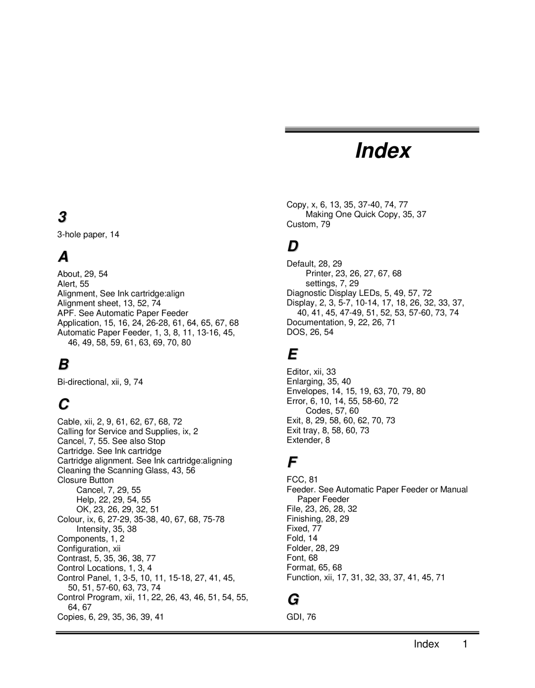 Xerox XK25C, XK35C manual Index 
