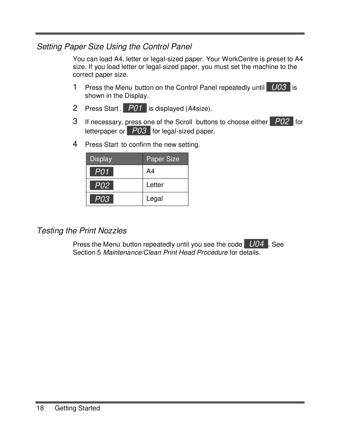 Xerox XK25C, XK35C manual Setting Paper Size Using the Control Panel, Testing the Print Nozzles 