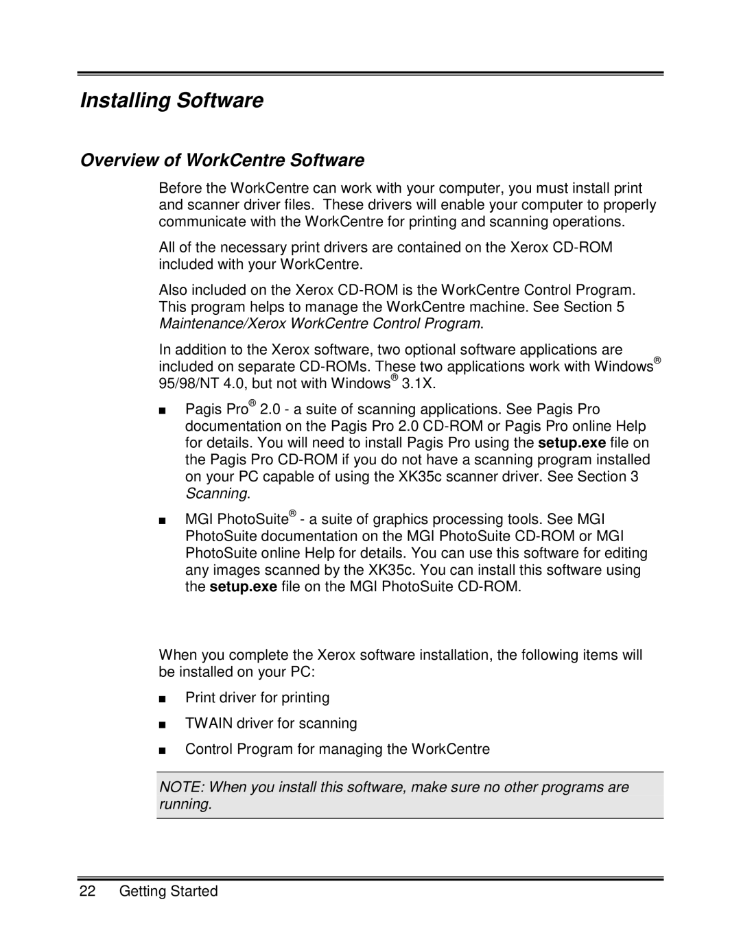 Xerox XK25C, XK35C manual Installing Software, Overview of WorkCentre Software 