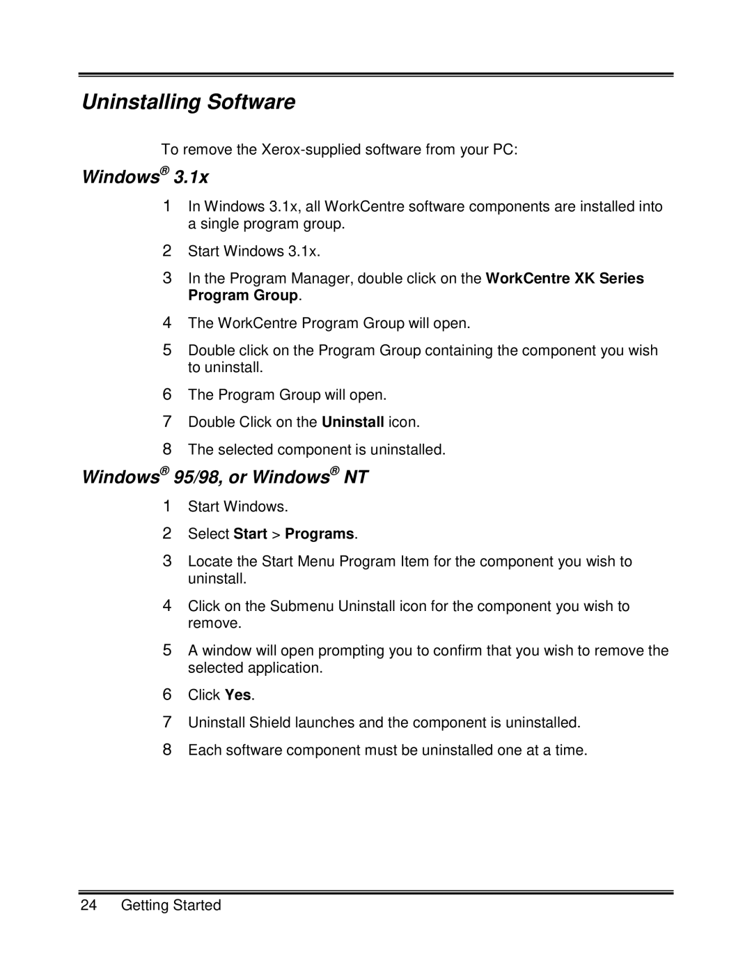 Xerox XK25C, XK35C manual Uninstalling Software, Windows 95/98, or Windows NT, Select Start Programs 