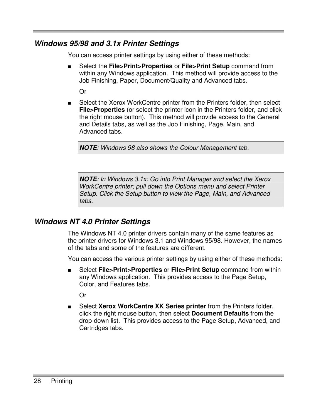 Xerox XK25C, XK35C manual Windows 95/98 and 3.1x Printer Settings, Windows NT 4.0 Printer Settings 