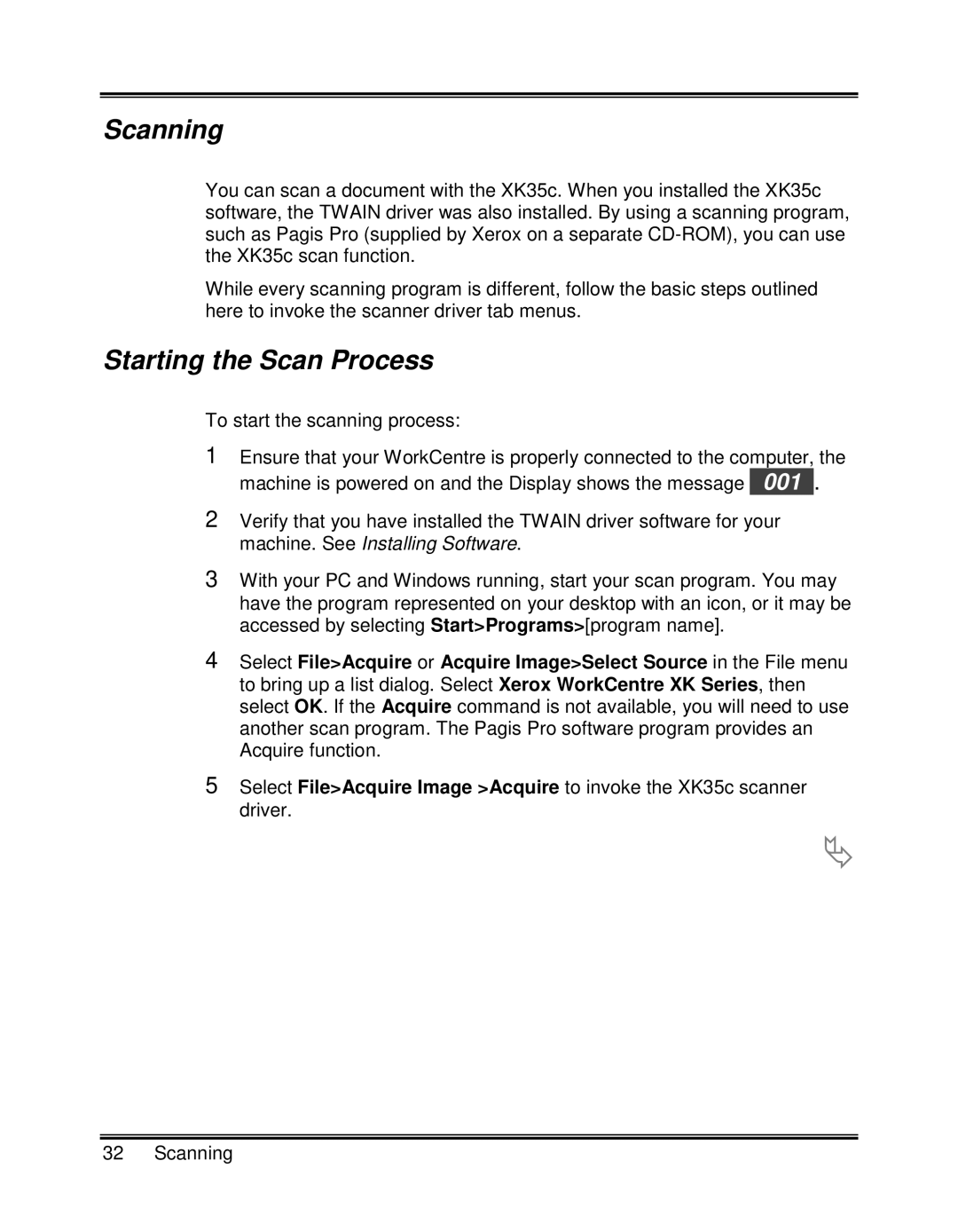 Xerox XK25C, XK35C manual Scanning, Starting the Scan Process 