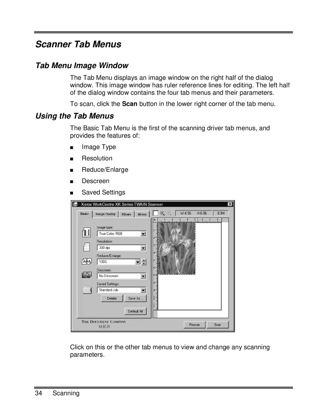 Xerox XK25C, XK35C manual Scanner Tab Menus, Tab Menu Image Window, Using the Tab Menus 