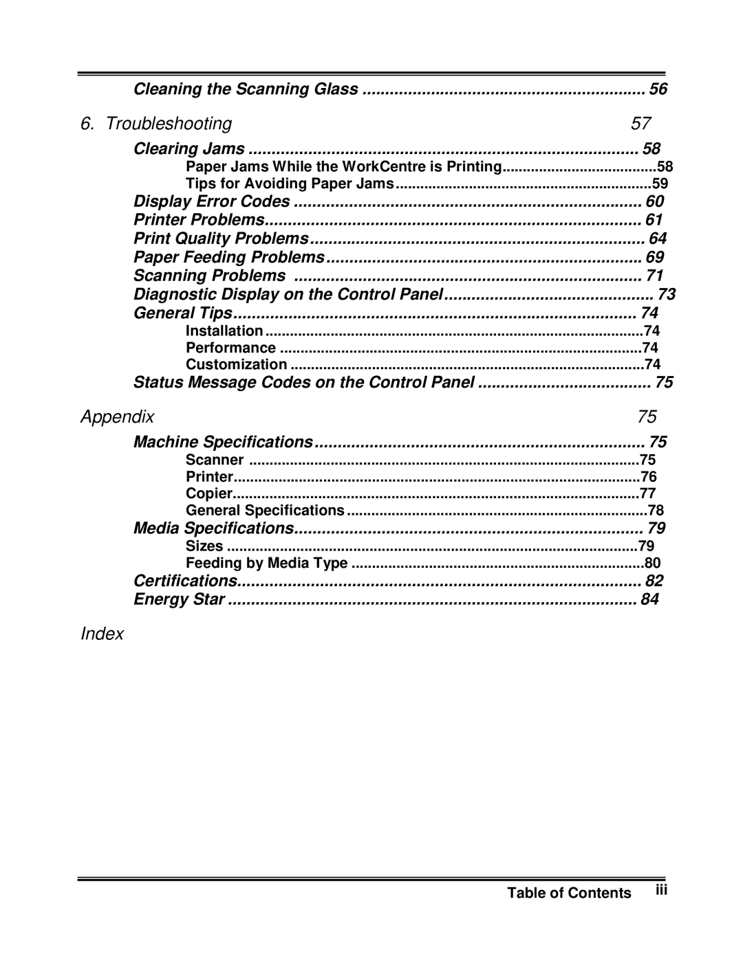 Xerox XK25C, XK35C manual Troubleshooting, Appendix, Index 