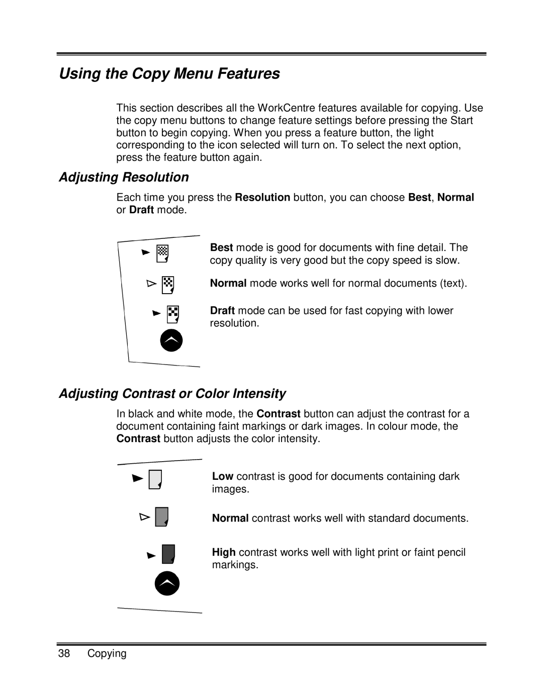 Xerox XK25C, XK35C manual Using the Copy Menu Features, Adjusting Resolution, Adjusting Contrast or Color Intensity 