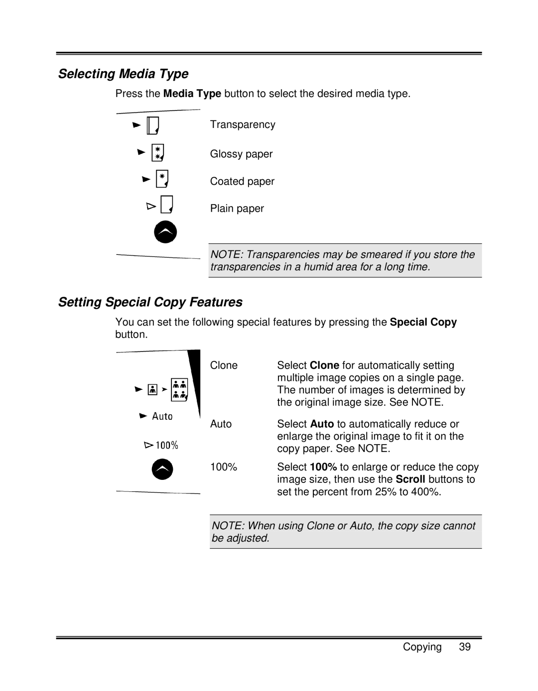 Xerox XK35C, XK25C manual Selecting Media Type, Setting Special Copy Features 