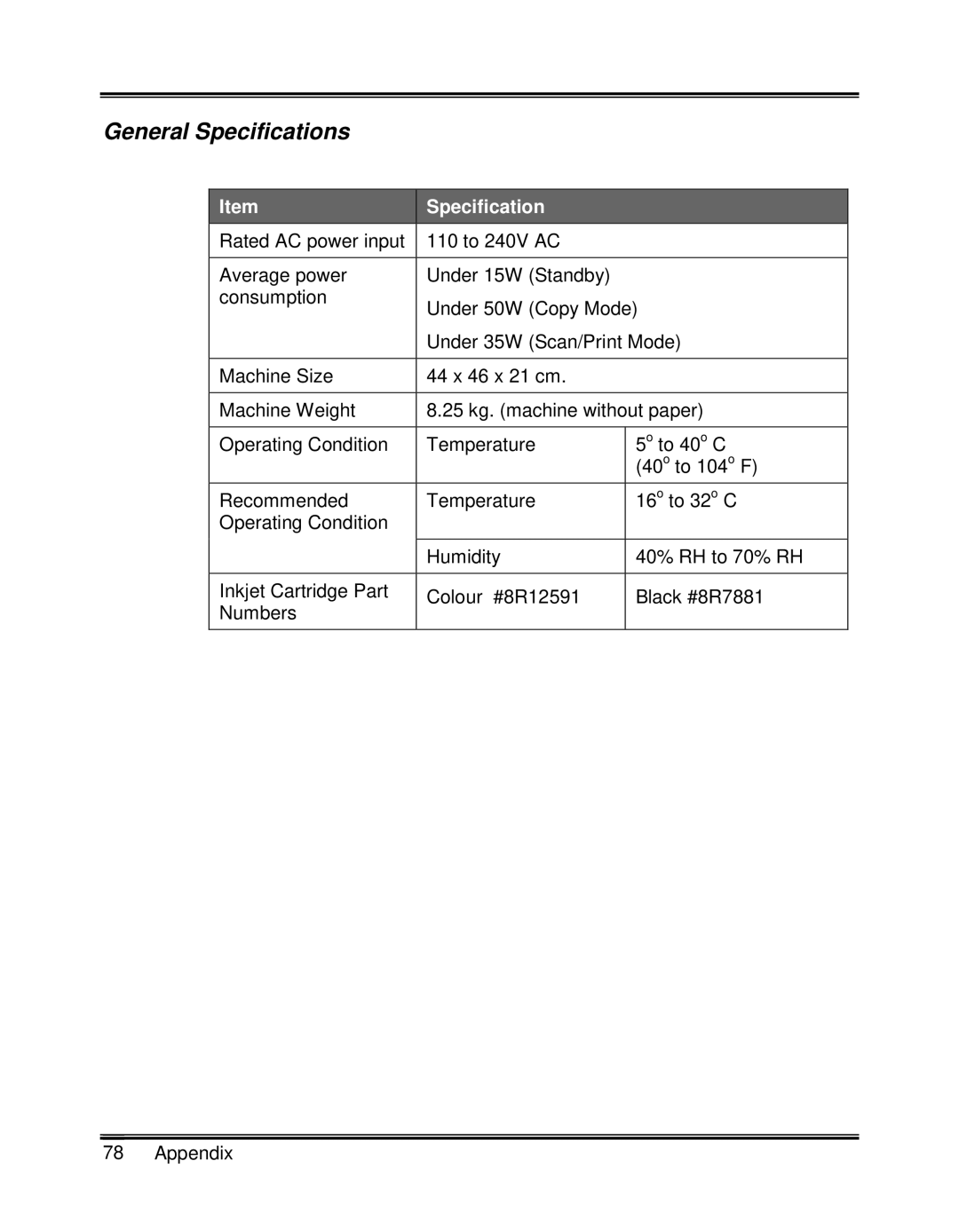 Xerox XK25C, XK35C manual General Specifications 