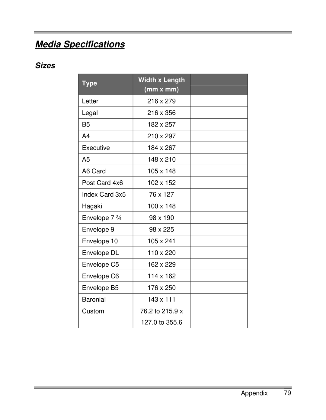 Xerox XK35C, XK25C manual Media Specifications, Sizes 