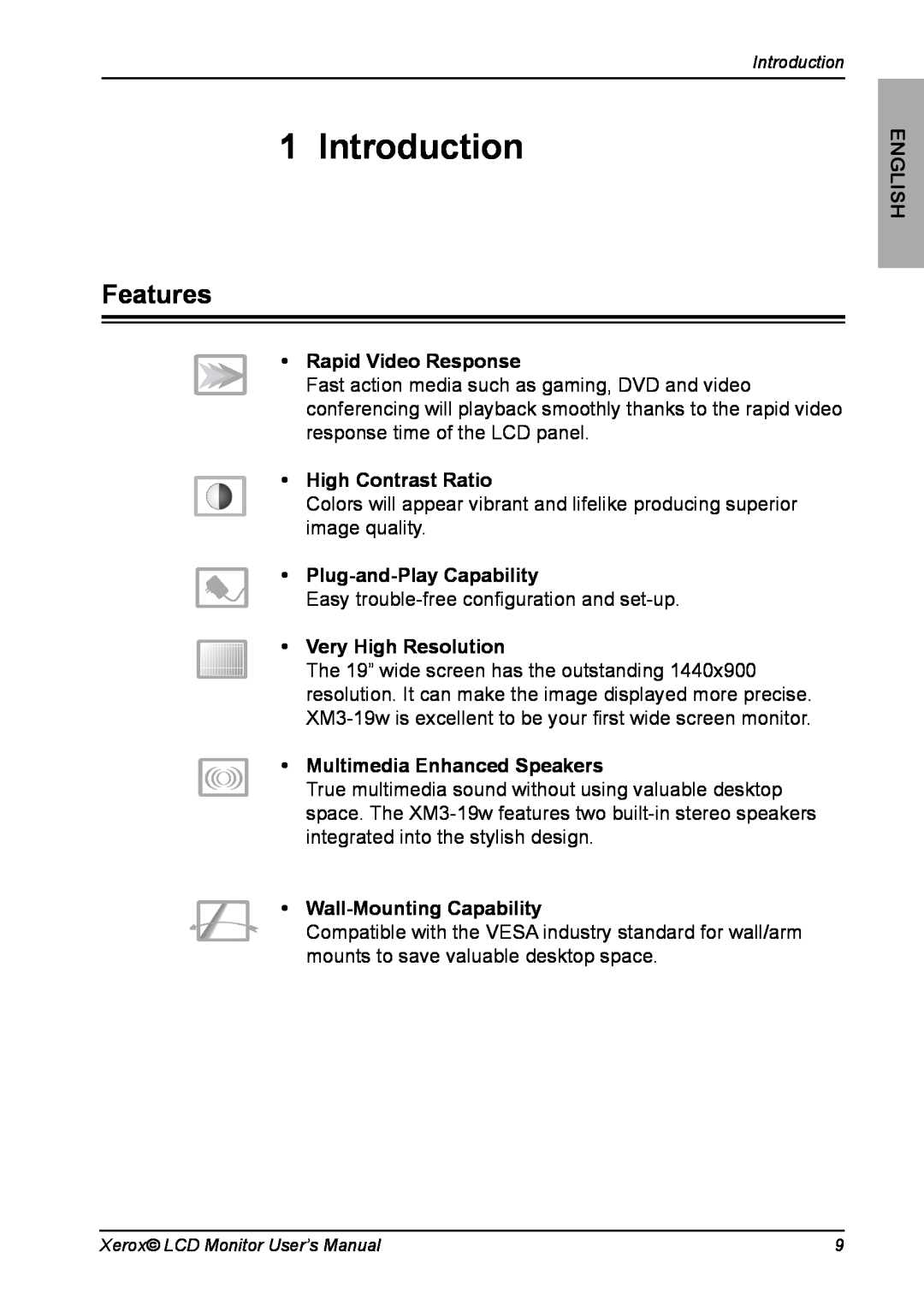 Xerox XM3-19w manual Introduction, Features, Rapid Video Response, High Contrast Ratio, Plug-and-Play Capability, English 