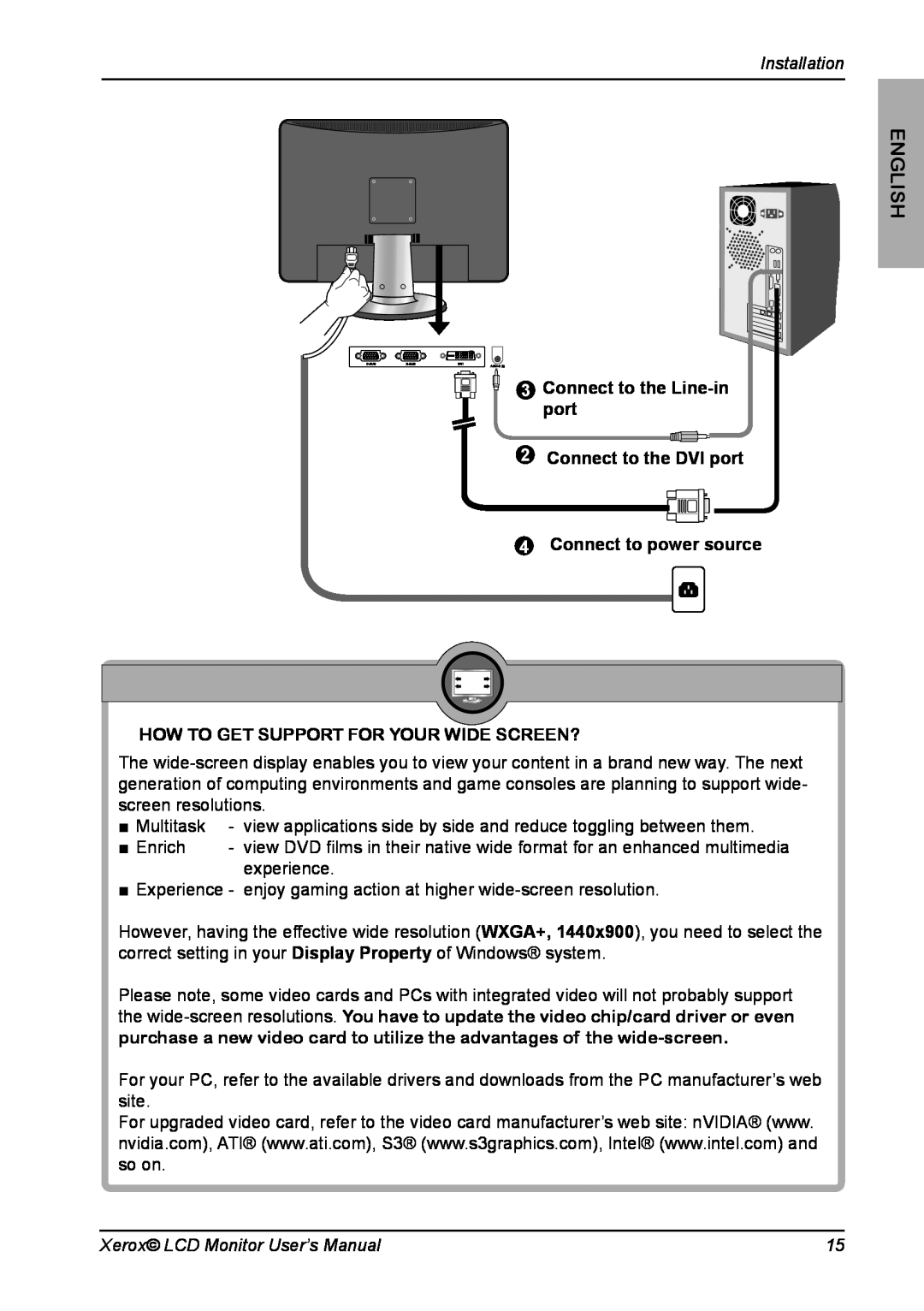 Xerox XM3-19w English, Installation, Connect to the Line-in port, Connect to the DVI port, Xerox LCD Monitor User’s Manual 