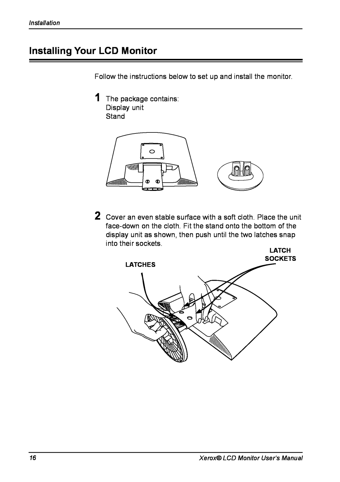 Xerox XM3-19w Installing Your LCD Monitor, Follow the instructions below to set up and install the monitor, Installation 