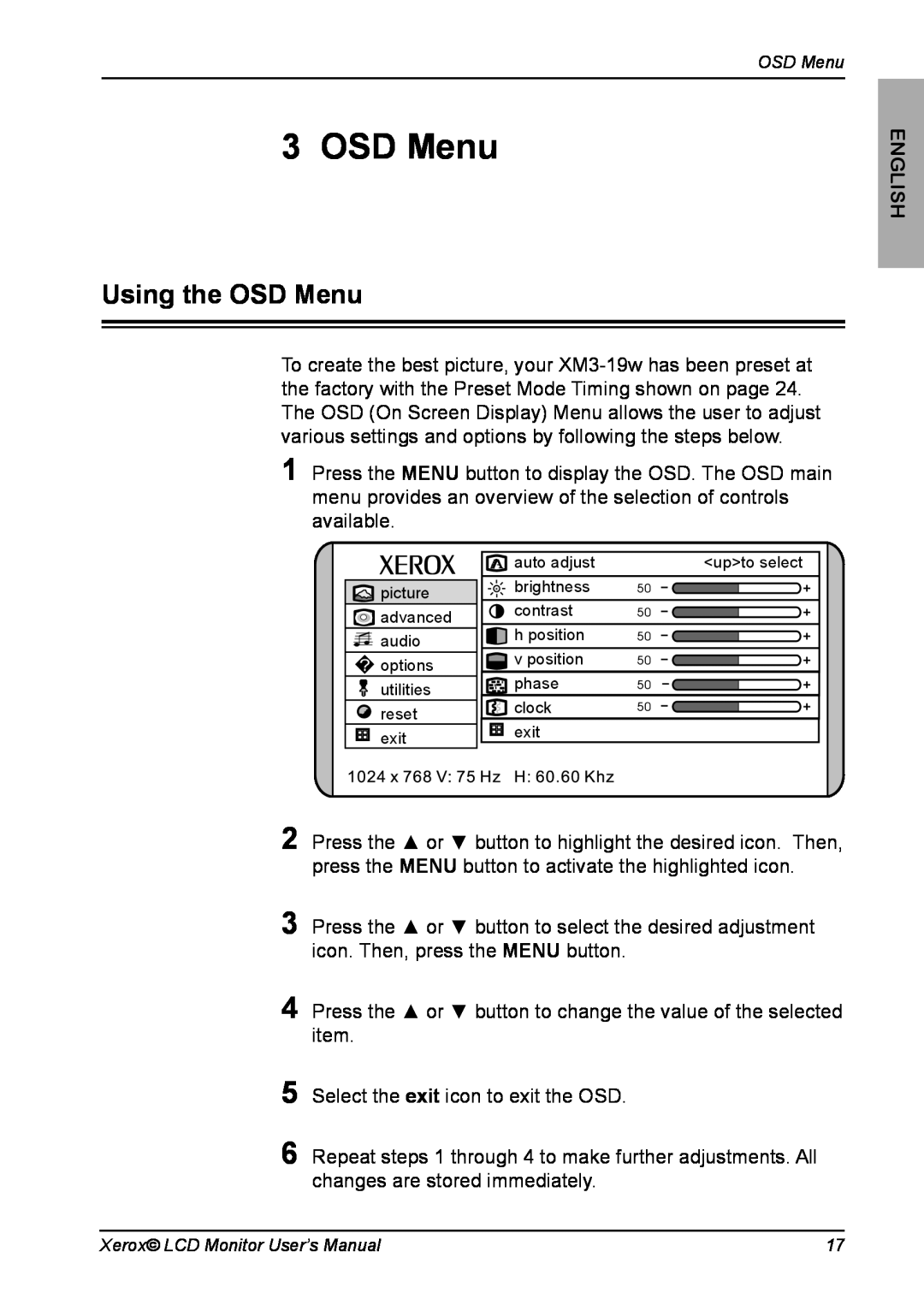 Xerox XM3-19w manual Using the OSD Menu, English 