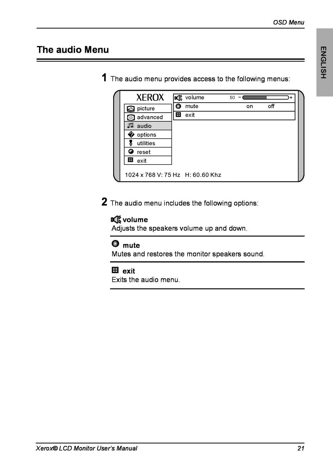 Xerox XM3-19w manual The audio Menu, volume, mute, On Description, exit, English, OSD Menu, Xerox LCD Monitor User’s Manual 