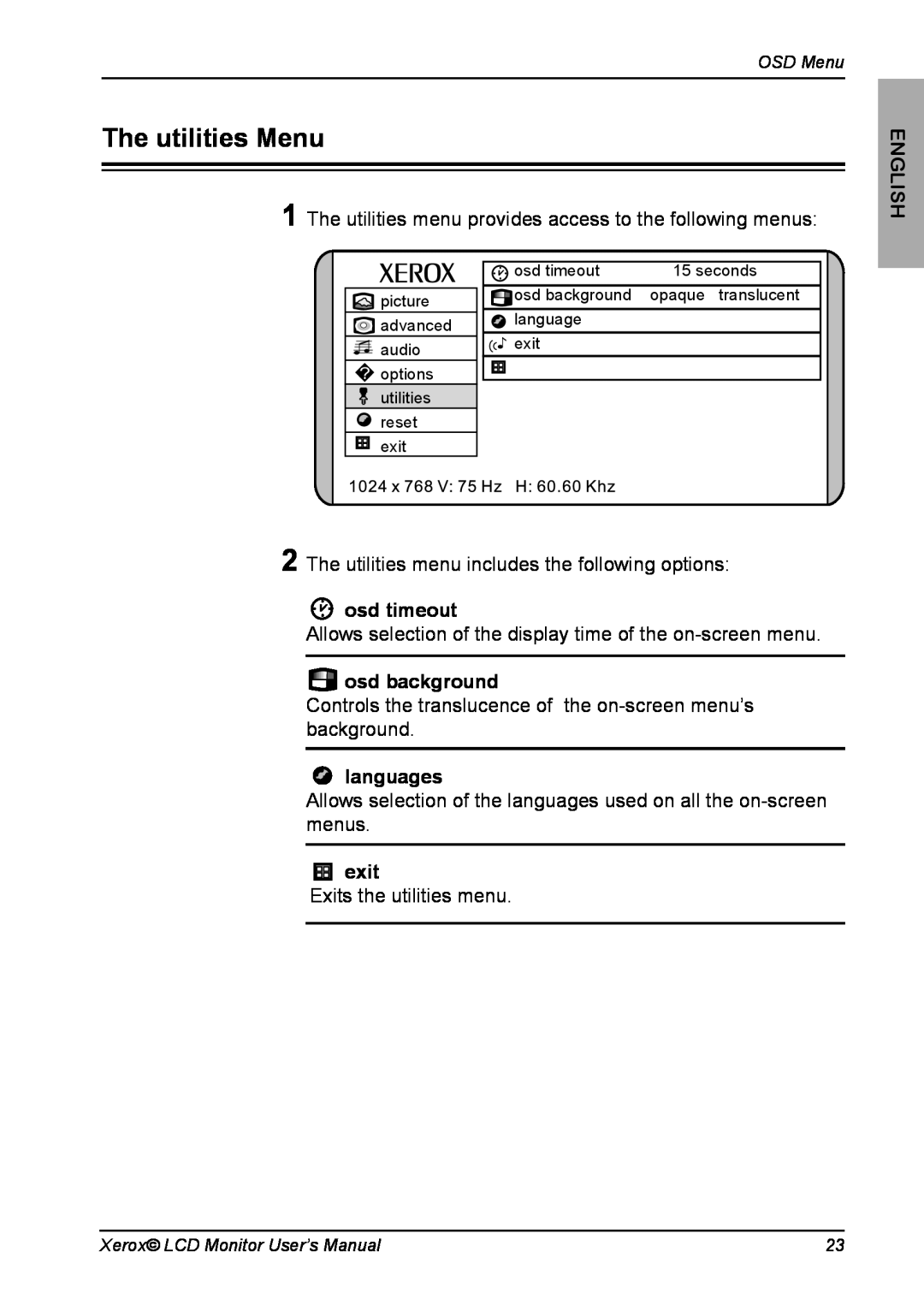 Xerox XM3-19w manual The utilities Menu, osd timeout, osd background, languages, On Description, exit, English 
