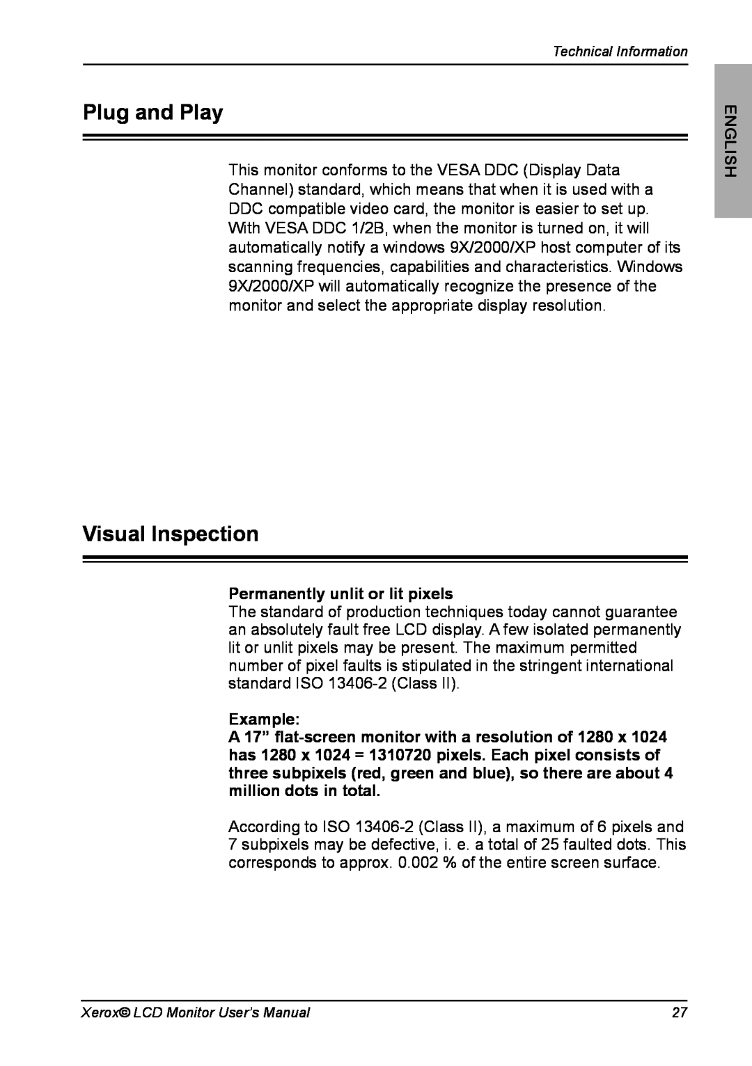 Xerox XM3-19w Plug and Play, Visual Inspection, Permanently unlit or lit pixels, Example, English, Technical Information 