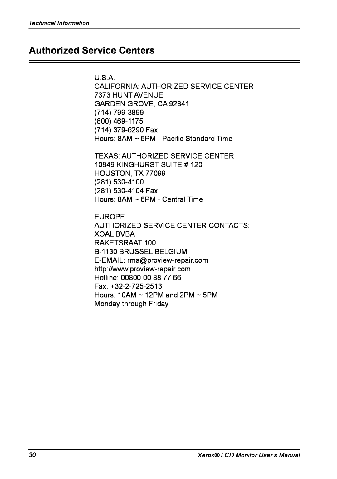 Xerox XM3-19w manual Authorized Service Centers 