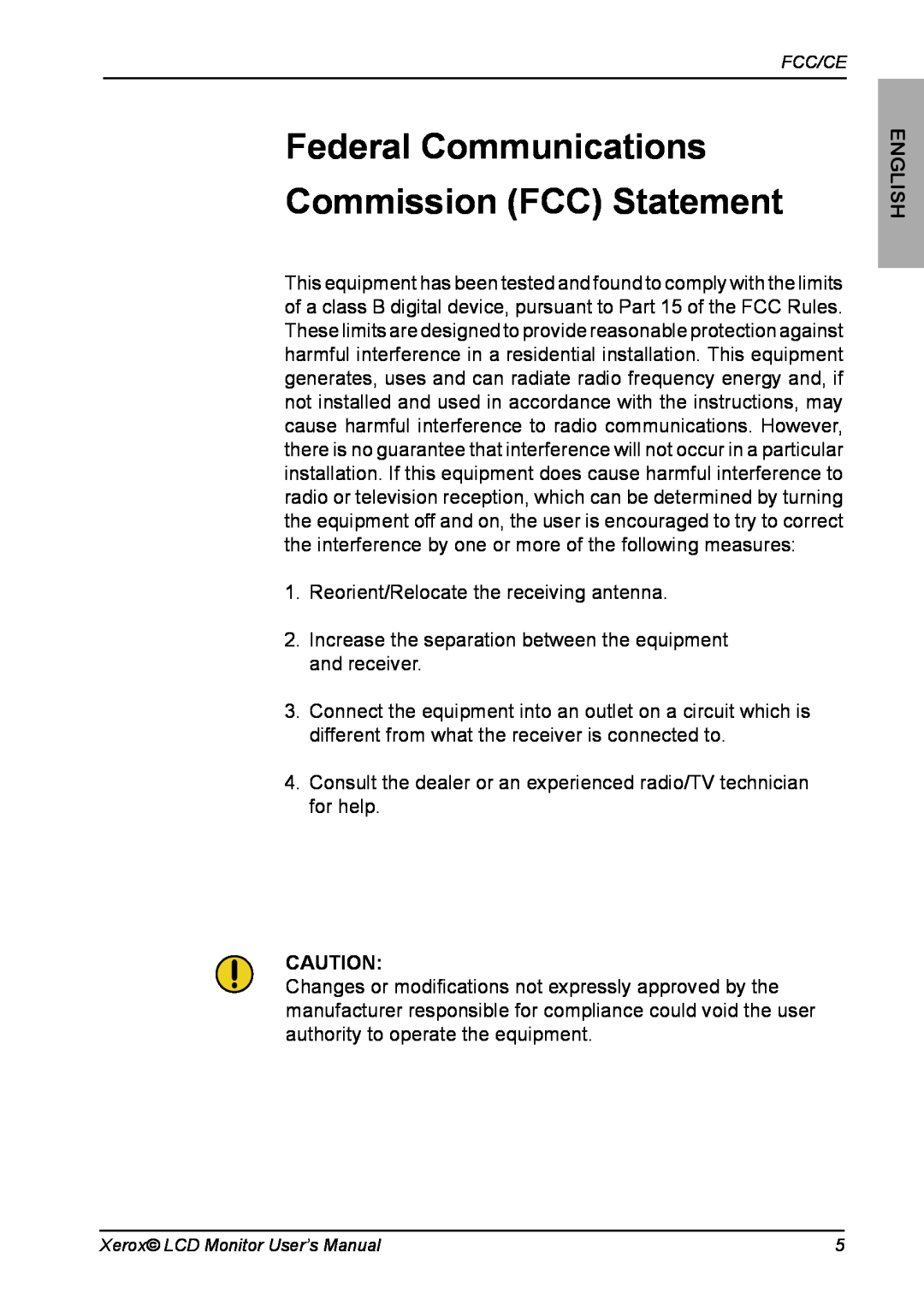 Xerox XM3-19w manual Federal Communications Commission FCC Statement, English 