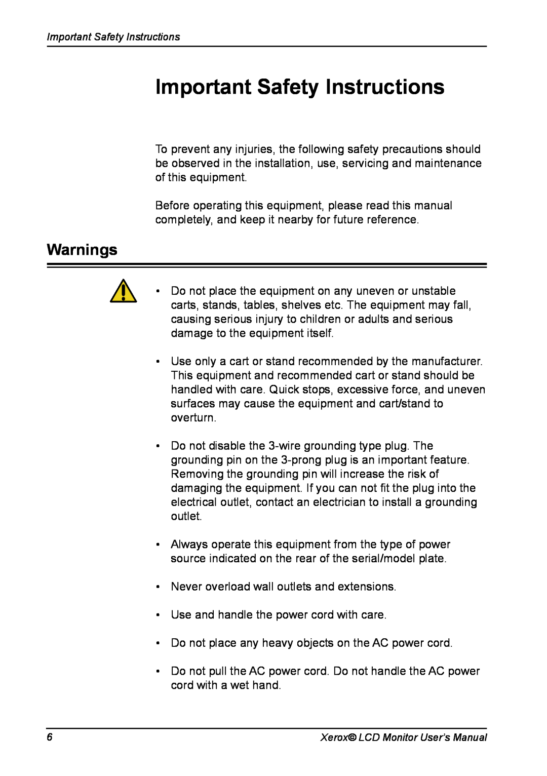 Xerox XM3-19w manual Important Safety Instructions, Warnings 