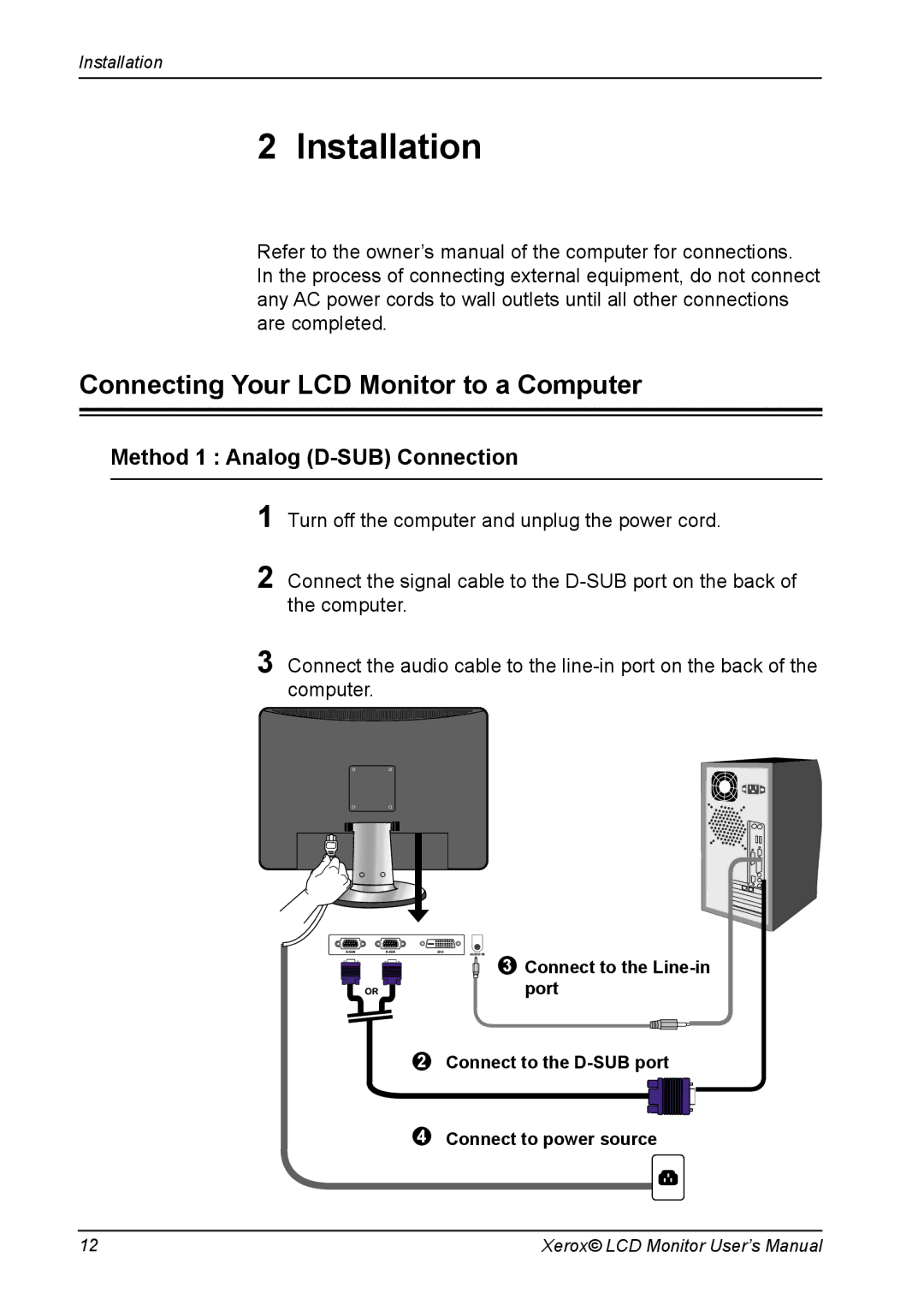 Xerox XM3-19w manual Installation, Connecting Your LCD Monitor to a Computer 