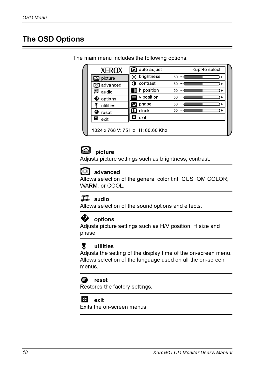 Xerox XM3-19w manual OSD Options 