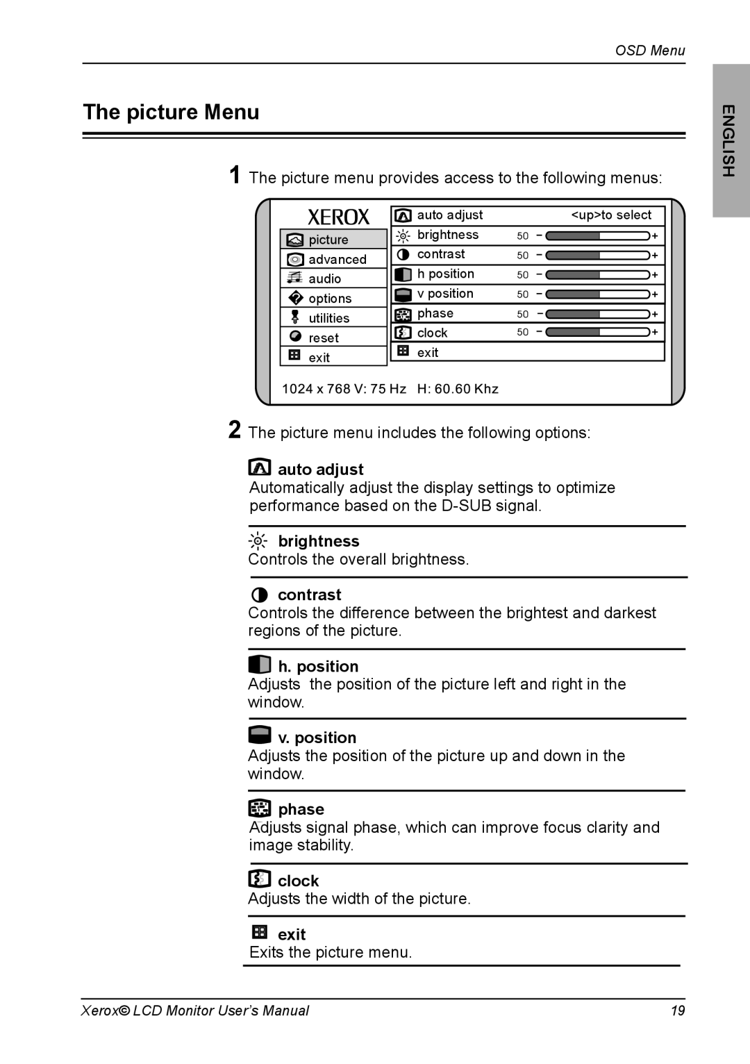 Xerox XM3-19w manual Picture Menu 