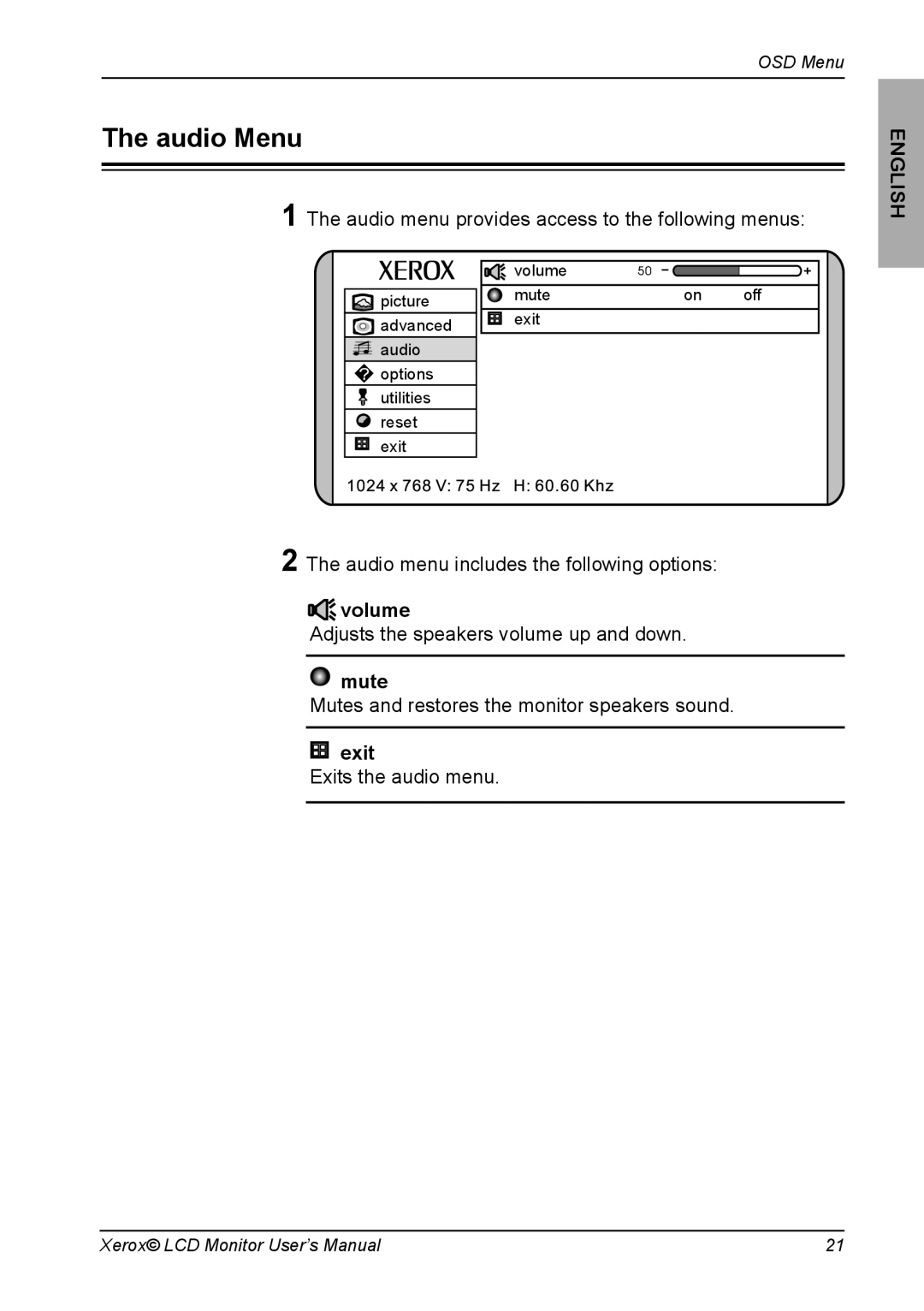 Xerox XM3-19w manual Audio Menu, Volume, Mute 