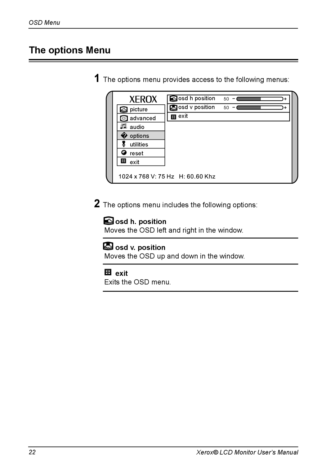 Xerox XM3-19w manual Options Menu, Osd h. position, Osd v. position 