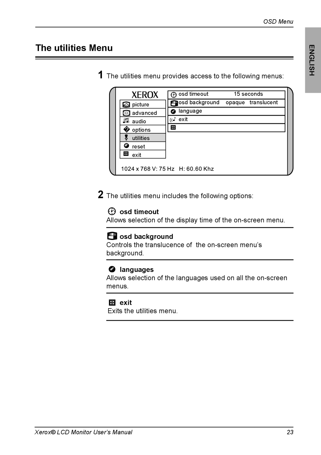 Xerox XM3-19w manual Utilities Menu, Osd timeout, Osd background, Languages 