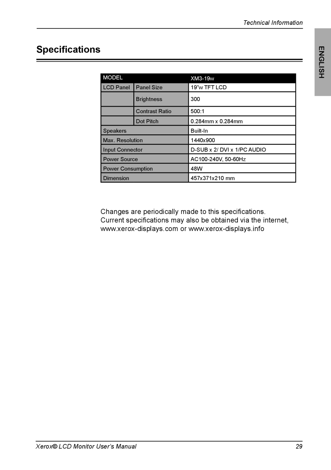 Xerox XM3-19w manual Speciﬁcations, Model 