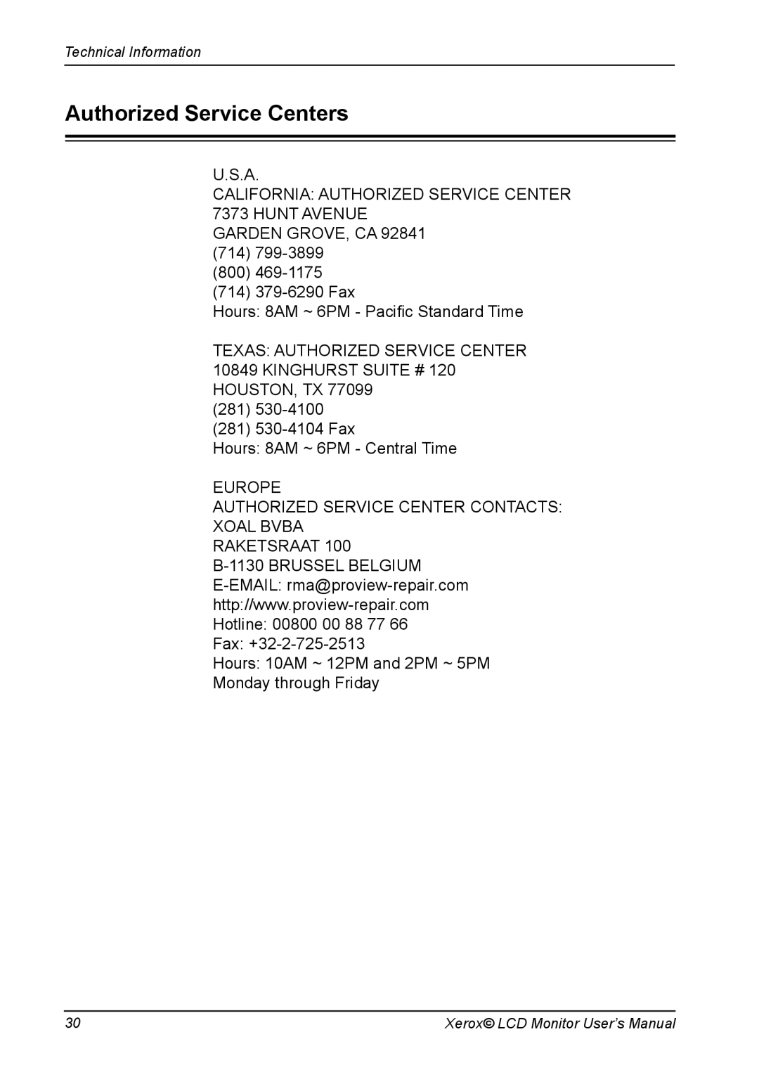 Xerox XM3-19w manual Authorized Service Centers, 281 281 530-4104 Fax Hours 8AM ~ 6PM Central Time 