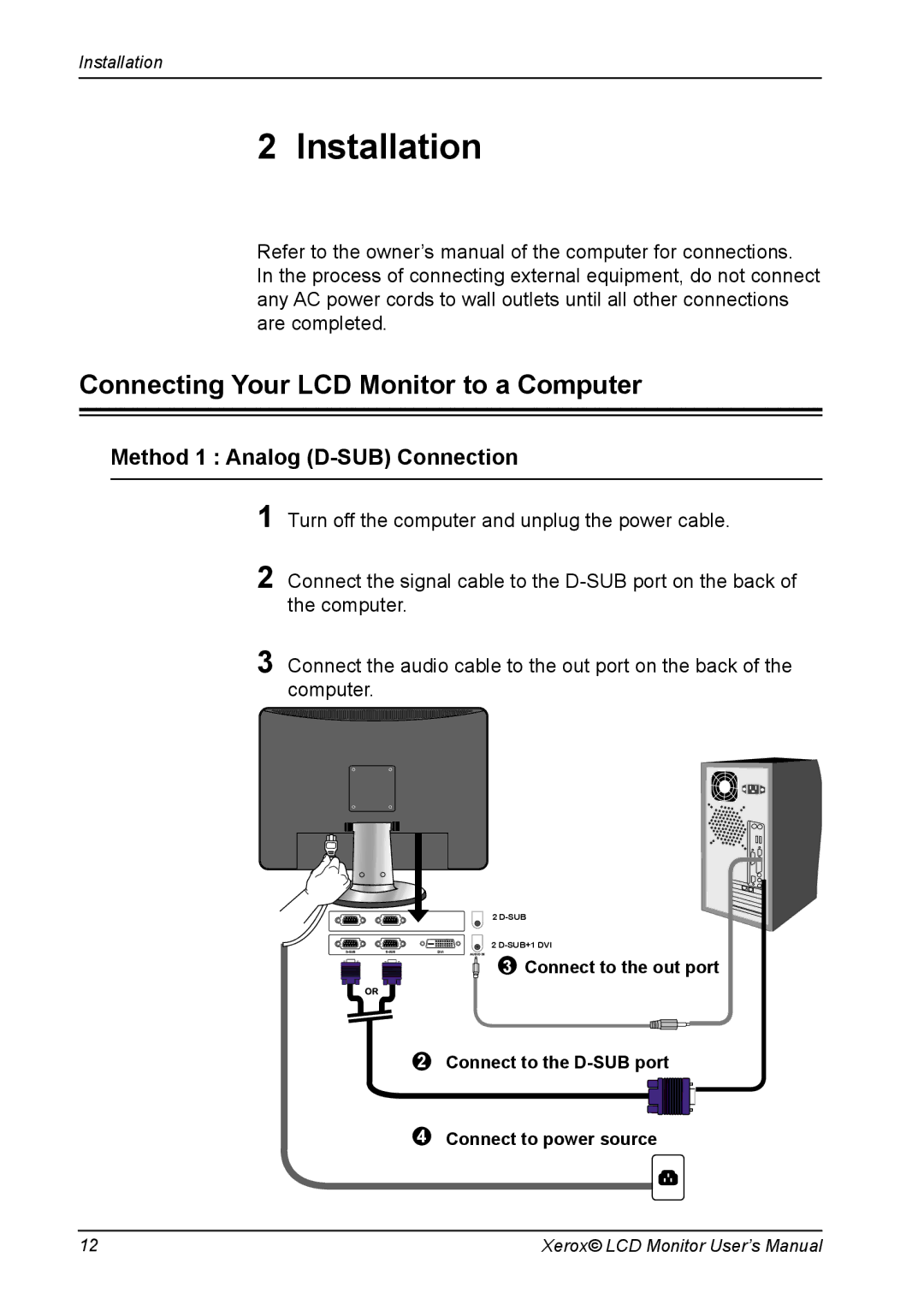 Xerox XM3-22w manual Installation, Connecting Your LCD Monitor to a Computer 