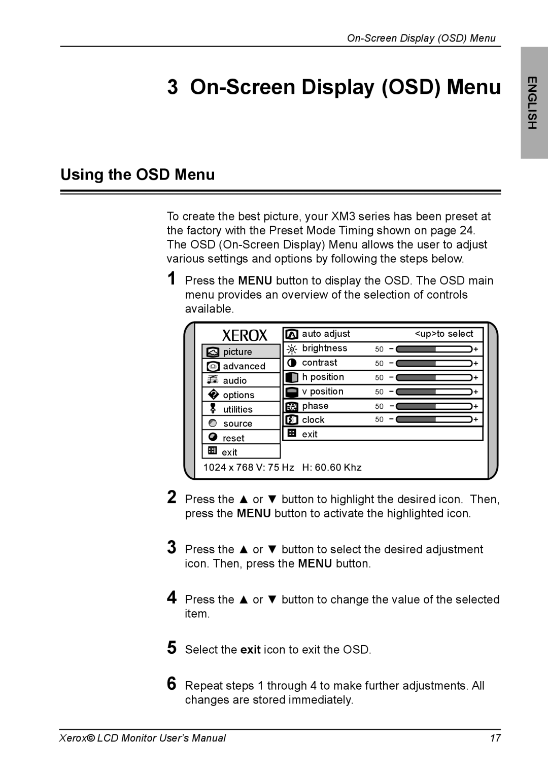 Xerox XM3-22w manual On-Screen Display OSD Menu, Using the OSD Menu 